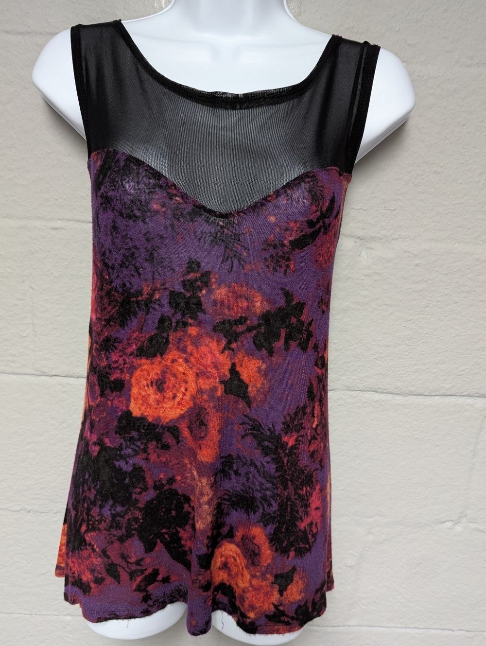 Daydreamer LA Floral Tank Top Size L Black Mesh Yoke